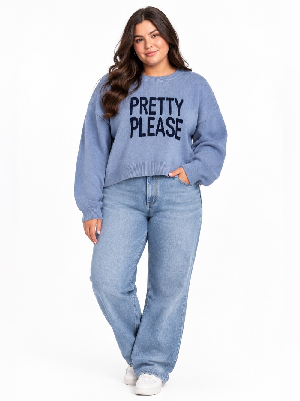 No Comment Light Blue "Pretty Please" Graphic Knit Crewneck Sweater NWT Size XL